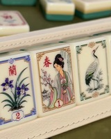 Tuiles de Mahjong de Luxe, Motif Quatre Saisons, Dos à Motifs Teal, Faces Ivoire, Ensemble Classique de Tuiles de Mahjong