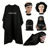 Kit Cadeau Promotionnel Personnalisé pour Salon : Bonnet en Satin, Cape de Coiffure, Bandeau et Pochette à Cordon pour Soins Capillaires
