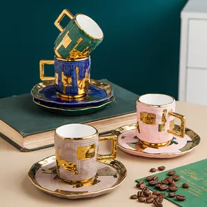Porcelain Cup And Saucer Set Custom OEM Factory Reusable Ceramic Arabic Luxury Gold Paint Turkish Coffee Tea Cup Set