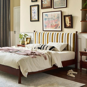 French Retro Style Solid Wood <b>Bed</b> 1.5M Platform With Soft Headboard For Bedroom - Product Image 3