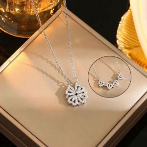 <span class=keywords><strong>Collana</strong></span> con Ciondolo a Forma di Cuore Magnetico Pieghevole con Zirconi e <span class=keywords><strong>Quadrifoglio</strong></span> in Acciaio Inossidabile, Gioielli alla Moda - Product Image 4