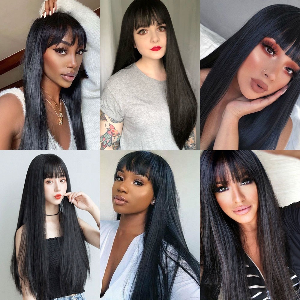 Natural Black Heat-Resistant Fiber Synthetic Wig for Women  display picture 1