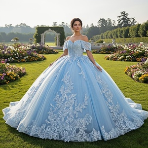 Lsmu161 Vestidos de 15 Años con Apliques de Encaje, Vestido de Quinceañera Azul Cielo, Vestido de Princesa con Lentejuelas y Lazo, Jancember - Product Image 1