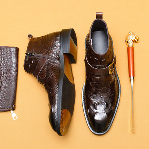 Chaussures habillées de luxe en cuir véritable de haute qualité, motif crocodile, tendance, style anglais, bout pointu, avec fermeture éclair - Product Image 3