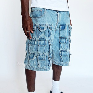 Shorts de Mezclilla Azules Vintage con Lavado Ácido, Estilo Cargo, con Múltiples Bolsillos, Logotipo Personalizado, Estilo Urbano Hip Hop para Hombre - Product Image 1