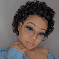 Perruque Pixie Courte Cheveux Humains Bouclés 13*1 Lace Frontale pour Femmes Noires Ondulation Water Wave en Promotion