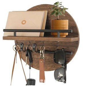 Wooden <b>Wall</b> <b>Mounted</b> <b>Shelf</b> Round Key Holder Entryway Storage Rack Office Organizer Solid Wood Background Decoration - Product Image 1