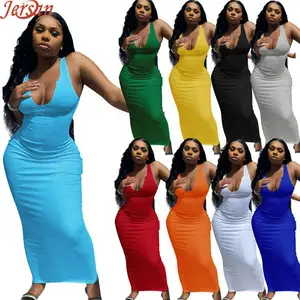 Fabrika OEM yuvarlak boyun kolsuz Bodycon Maxi zarif kadınlar yaz Casual parti artı boyutu kadın elbiseleri elbise Kleid