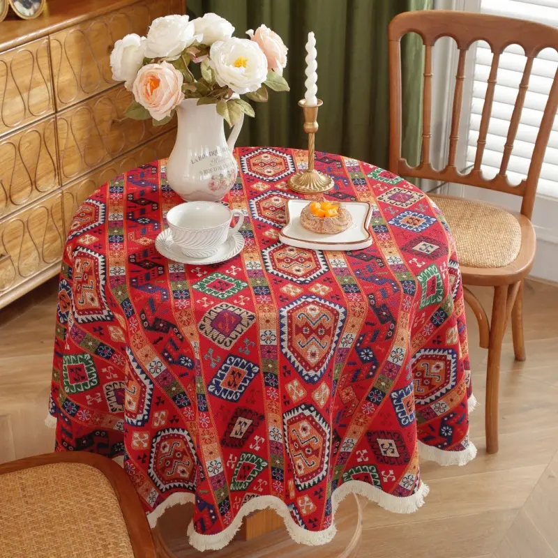 Ethnische geometrische Esstisch decke runde rote Blumen Jacquard Tee tisch Tischdecken