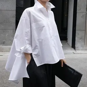 Kualitas Tinggi Warna Solid Gaya Korea Jubah Longgar Kemeja Lengan Panjang Tidak Teratur Mode Top Kemeja Putih Wanita