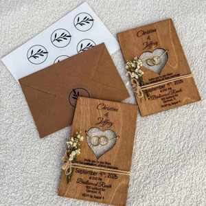 Invitations en bois gravées au laser, cartes d'invitation personnalisables DIY, enveloppes, décoration de fête de mariage - Product Image 2