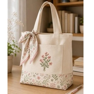 Cream Tote Bag Embroidered Floral Design <b>Bow</b> Detail Reusable Shopping Handbag Elegant <b>Gift</b> Bag Everyday Use Lady Fashion - Product Image 3