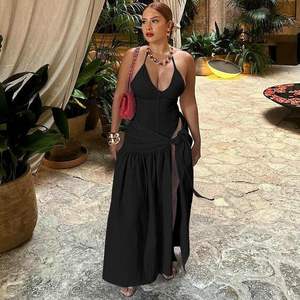 Conjunto de 2 piezas personalizado para mujer 2026: Top halter sin mangas y falda maxi con abertura, de gasa transpirable, ideal para viajes de verano. - Product Image 4