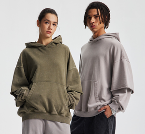 430GSM Pull à capuche vintage délavé lourd avec <span class=keywords><strong>faux</strong></span> design en deux pièces et ourlet coupé brut - Product Image 1