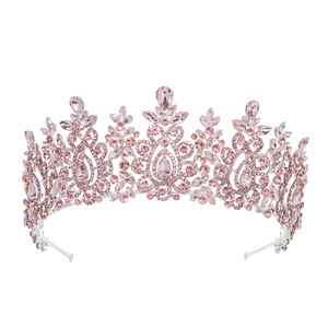 QS nueva venta al por mayor Vintage Barroco Europeo Americano novia corona Tiara aleación chapado <span class=keywords><strong>en</strong></span> oro Tiara cristal boda tocado - Product Image 5