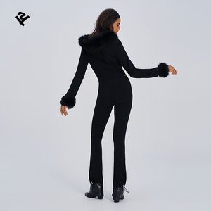 Ensemble survêtement pour <span class=keywords><strong>femme</strong></span> avec logo en strass personnalisé, sweat à capuche zippé à col en fourrure et <span class=keywords><strong>pantalon</strong></span> évasé, haute qualité, adapté aux grandes tailles - Product Image 4