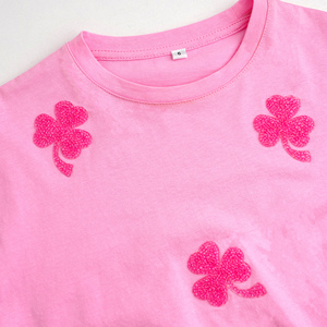 <span class=keywords><strong>Blouses</strong></span> en coton pour filles, vêtements pour enfants, rose, trèfle, patch en chenille, col rond, manches courtes, tee-shirt décontracté, vente en gros pour boutiques - Product Image 4