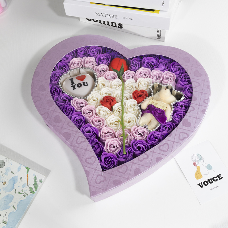 100 heart-shaped with one flower and little bear purple