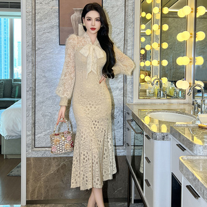 ZYHT 70155 Vestidos al por mayor a granel Lady Fish <span class=keywords><strong>Tail</strong></span> Jacquard Formal Womens Casual Vestido largo con manga larga