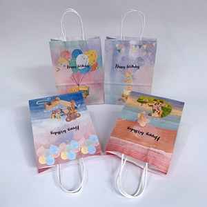 Sacs cadeaux de fête en papier kraft avec impression de gâteau d'anniversaire, réutilisables, en gros, décoration de ballons, stock disponible, directement de l'usine - Product Image 1