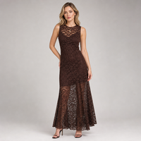 Robe longue personnalisée pour femme, marron chocolat, en dentelle, avec encolure florale transparente, col montant, sans manches, évasée, pour soirée