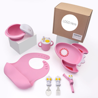 Juego de alimentación de silicona OEM para bebés, plato con ventosa de dinosaurios, tazón, cuchara, tenedor, 5 piezas, 0-12 meses, para niños pequeños, fácil de limpiar