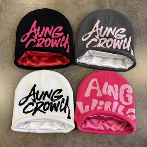 <span class=keywords><strong>Bonnet</strong></span> personnalisé doublé en satin de soie, style Y2K, tricoté jacquard, <span class=keywords><strong>bonnet</strong></span> d'hiver, casquette ajustée - Product Image 2