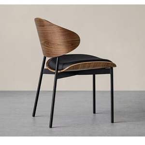 आधुनिक प्रकाश लक्जरी भोजन कुर्सी ठोस लकड़ी के फ्रेम चमड़े के कुशन घुमावदार बैकरेस्ट धातु पैरों के घर रेस्तरां बिस्ट्रो - Product Image 2