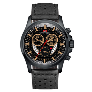 Montre robuste de style pilote pour homme, chronographe, boîtier noir, index dorés, bracelet en cuir - Product Image 1