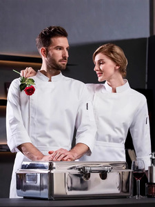 Veste de <span class=keywords><strong>chef</strong></span> à manches courtes/longues, couleur unie, coton, pour la pâtisserie, la restauration, la cuisine, uniforme de serveur d'hôtel - Product Image 2
