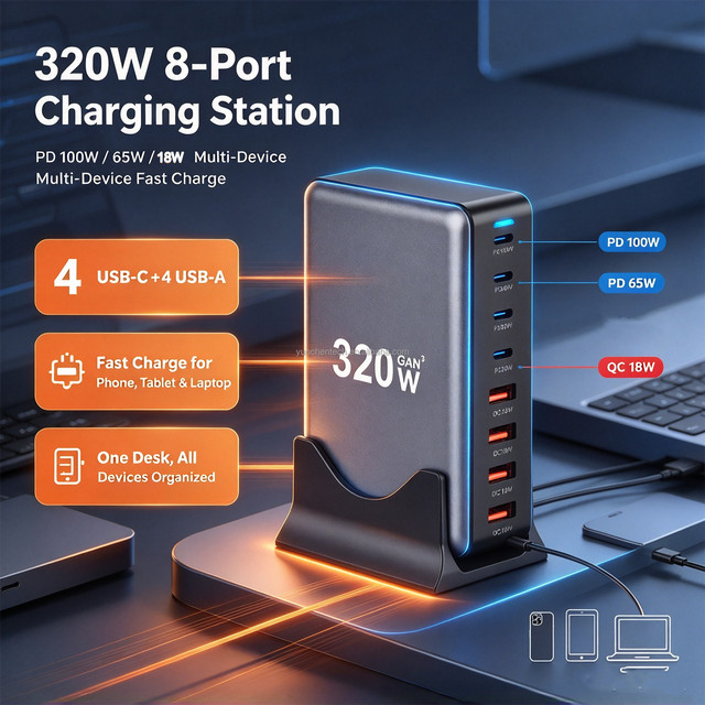 320W USB C Charger Type C PD 100W 65W GaN Fast Charging 4 USB-C+4 USB-A 8 Ports Desktop Charger Station for Phone Tablet Laptop