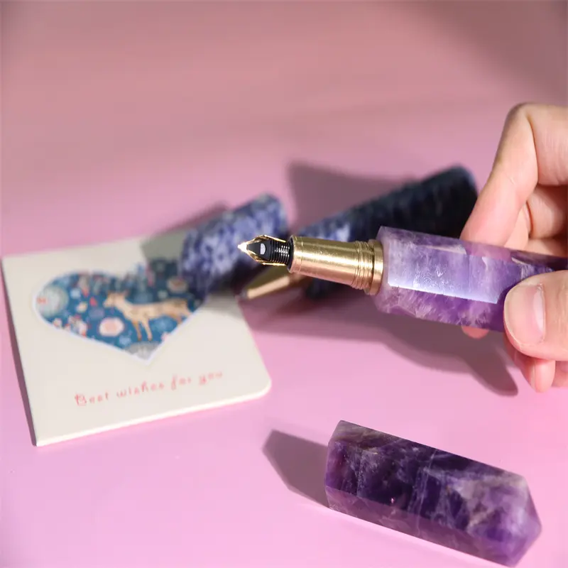 Kabbalah luxury custom box best gift healing crystal column ballpoint pen replaceable refill Amethyst crystal pen