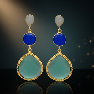Boucles d'oreilles pendantes en alliage de métal précieux plaqué or faites à la main, Lapis Lazuli, Onyx vert, Rubis, Pierres hydro - Style ethnique, Cadeau pour femme/unisexe - Product Image 2