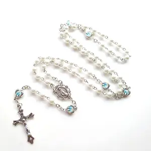 Handmade Rosary Beads for Bapstim 6mm White Imitation Pearl Glass Beaded Our Girl of Virgin Mary Rosaries Catholic