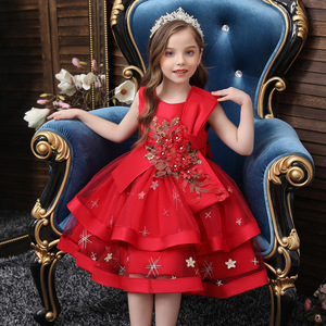 Girls Red Princess Dress Stage Performance Costume Sparkle Embroidery Party Wear - Product Image 3
