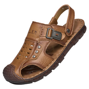First Layer Cowhide Men <b>Closed</b> <b>Toe</b> <b>Sandals</b> Flat Rubber Sole Breathable Summer Casual Hook Loop Closure Size 40 - Product Image 4