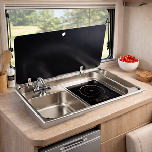 Évier de <span class=keywords><strong>caravane</strong></span> RV avec cuisinière à induction - Unité de cuisine intégrée en acier inoxydable avec couvercle en verre - Product Image 1