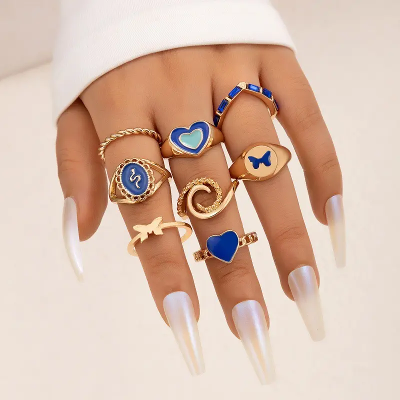 8pcs/set Women Hip Hop Knuckle Finger Ring Geometric Heart Butterfly Diamond Ring Set Combination Ring Set