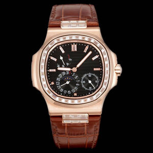 Elegante Reloj Automático Premium para Hombre con Bisel con Incrustaciones de Diamantes, Correa de Cuero Negra, Puntero Vertical, Fase Lunar, Cronógrafo Mecánico - Product Image 1