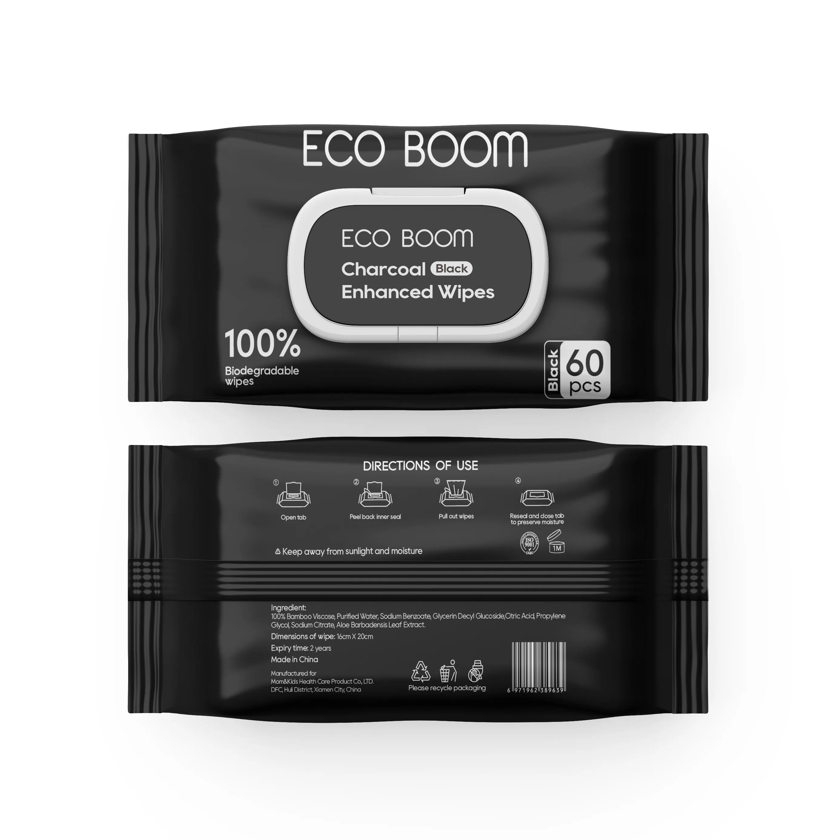 Lingettes à eau au charbon de bois de marque ECO BOOM dégradable écologique naturel écologique sans alcool 100pcs sensibilité