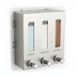 Distributeur de savon mural double EcoNature, manuel, sans électricité, pour salle de bain, shampoing, gel douche, design minimaliste - Product Image 3