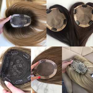 Cheveux vierges blonds avec mèches balayage, ombré blond, clip-in, base en soie nouée à la main, toupet avec frange pour femmes, certifié casher juif - Product Image 6