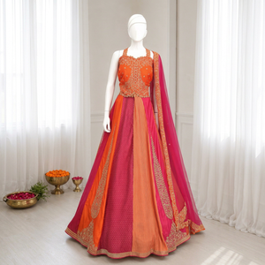Ensemble Anarkali indien pakistanais rose orangé, ensemble Lehenga brodé, dupatta en filet, tenue de cérémonie festive - Product Image 1