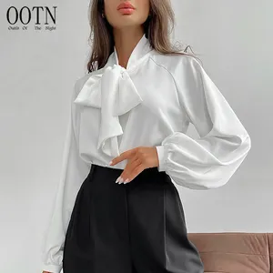 OOTN Fashion Chic Office Ladies Shirts 2024 Spring New Solid Bow Tie Lantern Sleeve Shirt Women Elegant Satin Lace Up Blouse