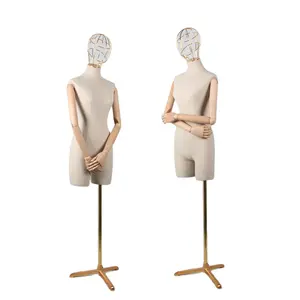 Fashion Golden Wire Head Women Dummies Bust Model Covered Linen Fabric Mannequin Dress Form