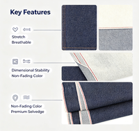 Tissu denim brut extensible 10,5 oz 8S, non-décolorant, respirant, 99 % coton, 1 % élasthanne, sergé à lisière rouge pour vestes et pantalons en jean
