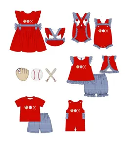 2024 children boutique clothing baseball embroidery knit cotton sets short sleeve baby girl boy clothes spring summer outfits