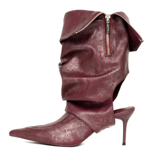 Botines de tacón alto para mujer con punta, plisados, de media pantorrilla, con corte trasero, de caña alta, ajuste ancho, con parte superior doblable, talla grande 46 - Product Image 1