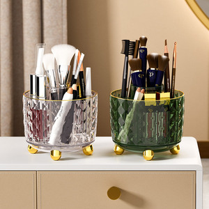 <b>Rotating</b> Pen Holder Round Glass <b>Desk</b> Organizer With Gold Feet For Office Stationery Storage - Product Image 2