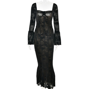 Robe longue sexy en dentelle sans bretelles, style européen et américain, avec manches cloche, couche transparente, dos nu et découpes, pour rendez-vous, soirées et scène - Product Image 5